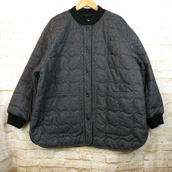 Madewell Quilted Oversized Bomber Jacket Women 3X Black Herringbone Wool N0317 - Picture 5 of 13